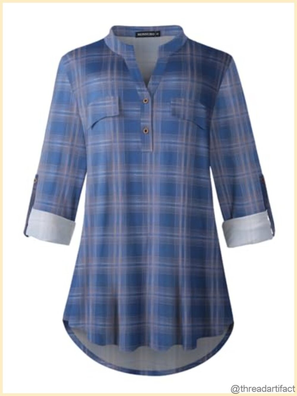 Womens Plus Size Plaid Tunic Top 3/4 Sleeve Button Down Business Casual